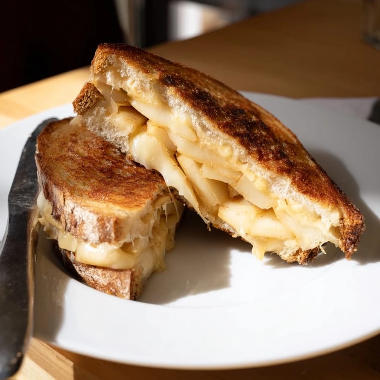 Close-up of a crispy smoked Gouda and apple grilled cheese sandwich with buttery sourdough.