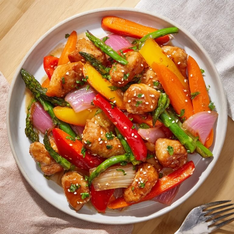 Roasted to perfection, Sheet Pan Honey Garlic Chicken & Veg showcases caramelized carrots, peppers, and juicy chicken tossed in a garlic-infused glaze.