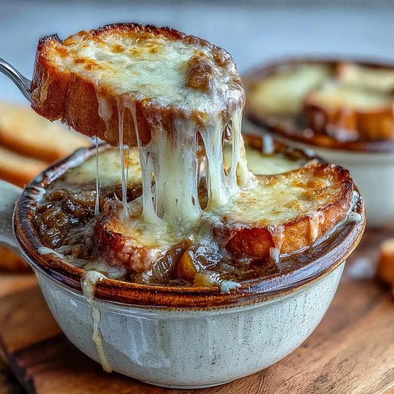 French Onion Soup is served in a rustic earthenware bowl, topped with a toasted baguette slice and fresh thyme, paired with a glass of white wine.