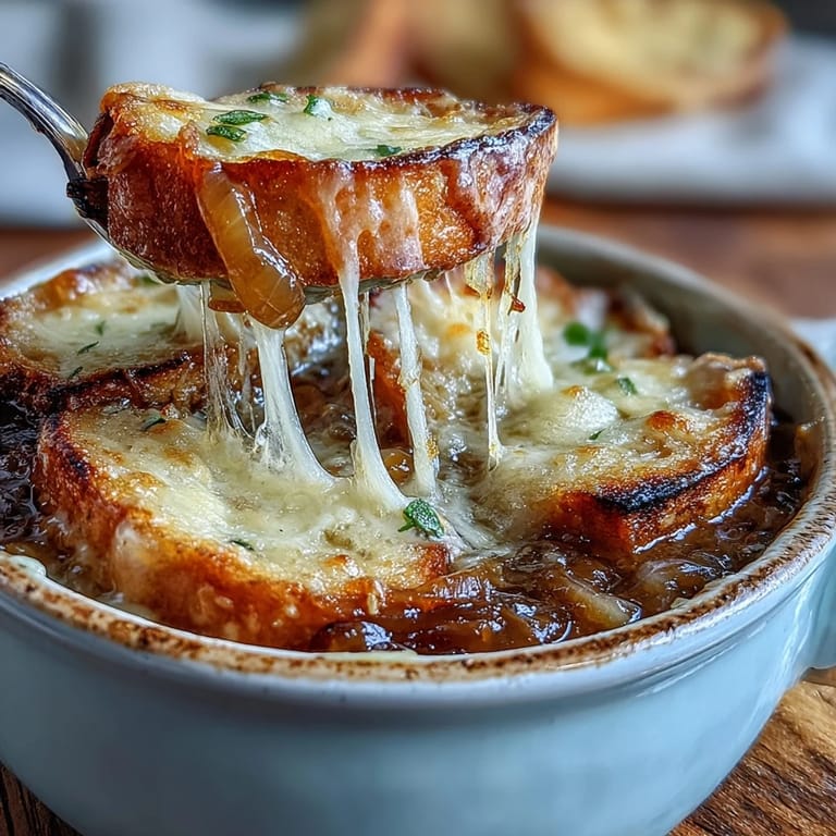 Close-up on French Onion Soup showing rich beef broth, dark caramelized onions, and a thick, gooey layer of melted cheese bubbling under the broiler.