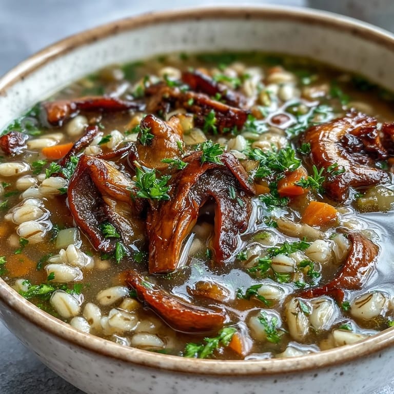 Overhead view of hearty Mushroom Barley Soup, garnished with fresh parsley and served alongside slices of crusty rye bread.