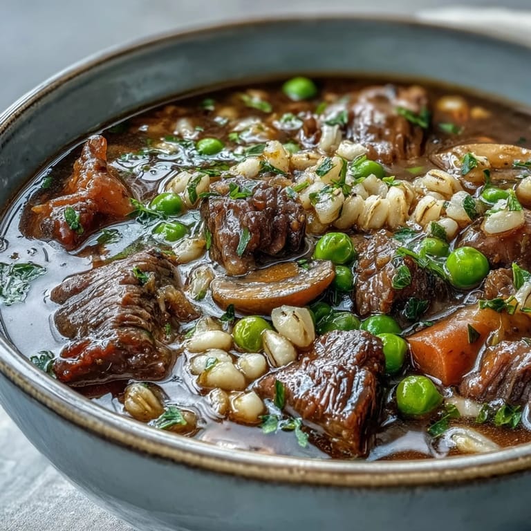 Chunky Beef and Barley Soup simmers in a Dutch oven with carrots, celery, and thyme.