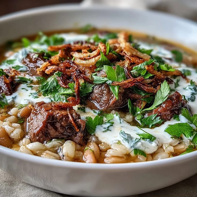 Creamy sour cream swirls into a bowl of hearty Persian beef barley soup, topped with crispy mint-fried onions.