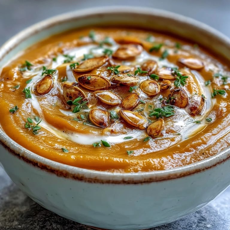 A close-up of velvety roasted butternut squash soup with a swirl of cream.