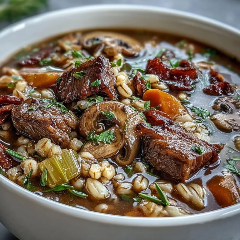 Ladle of rich beef and barley soup with mushrooms beside crusty bread on a wooden table.