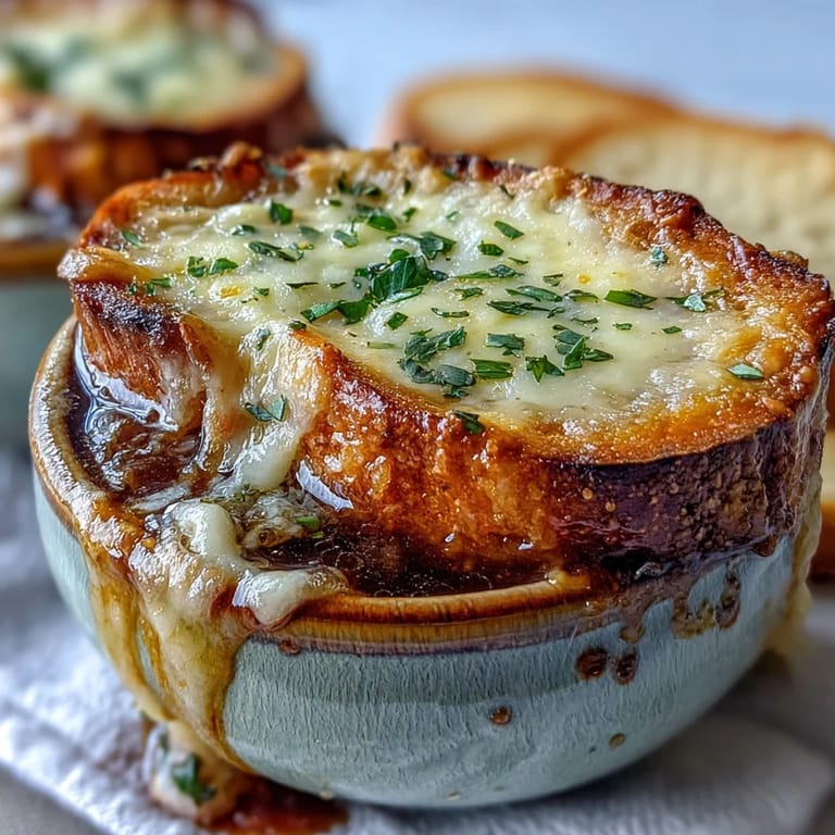 A spoon sinks into the rich broth filled with deeply caramelized yellow onions.