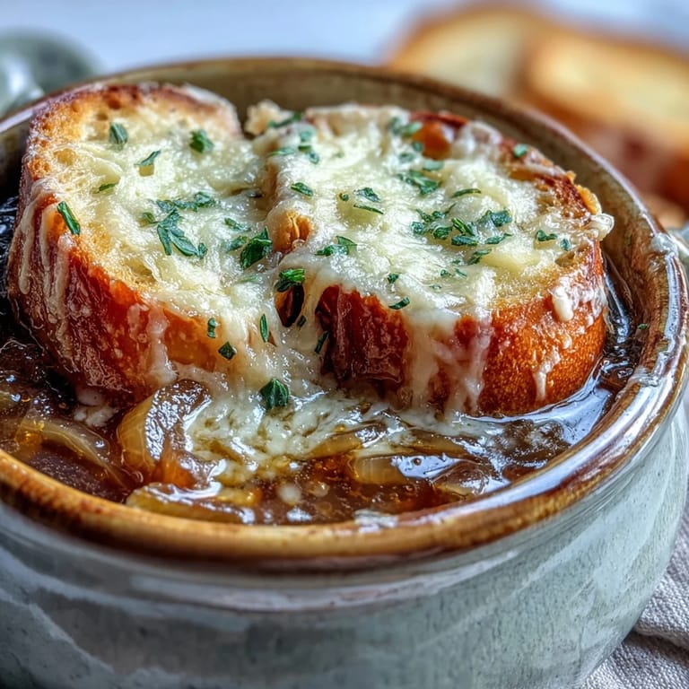 Serve Classic French Onion Soup in rustic bowls with fresh thyme and cheese crust.
