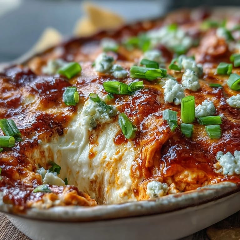 Rich, cheesy Buffalo Chicken Dip topped with melted cheddar and blue cheese, perfect for a game day appetizer.