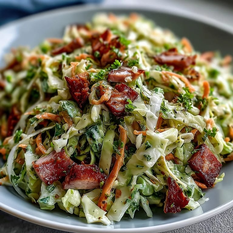 A vibrant German Cabbage Coleslaw with Shredded Ham garnished with fresh parsley, perfect as a gluten-free picnic side dish.
