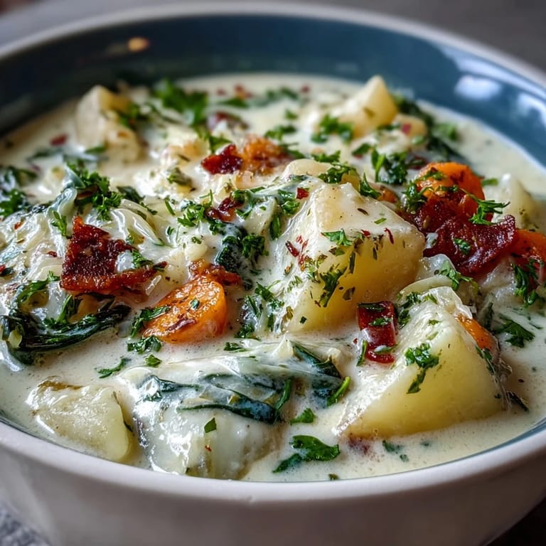 Creamy Potato Soup with Cabbage served hot alongside crusty artisan bread on a rustic table. 