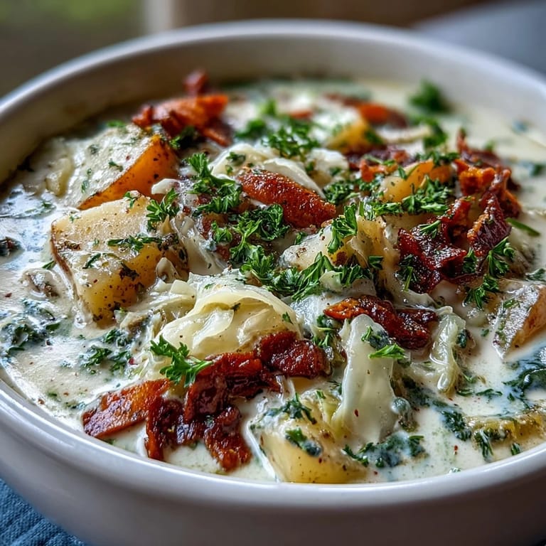 A warm bowl of Creamy Potato Soup with Cabbage topped with fresh parsley and black pepper.