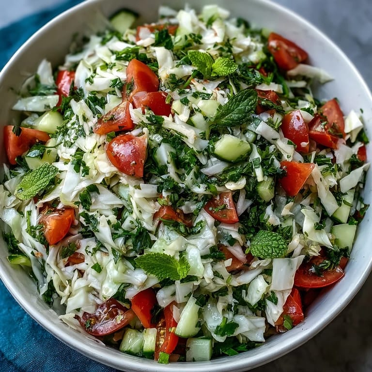 Brightly lit overhead shot of Lebanese Cabbage Salad with shredded cabbage, fresh herbs, and a zesty lemon dressing on a rustic wooden table. 