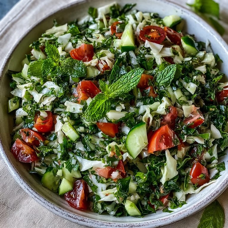 Close-up view of a vibrant Lebanese Cabbage Salad, featuring a colorful mix of green cabbage, diced vegetables, and fresh mint leaves glistening with olive oil.