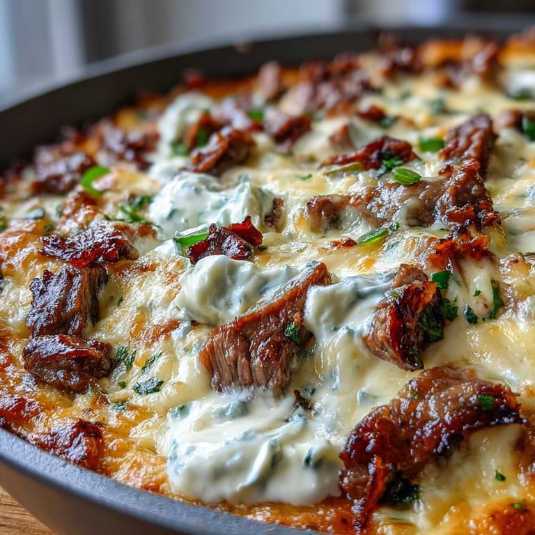 Hot and savory Philly Cheesesteak Dip coming out of the oven, bubbling with melted cheese and savory steak filling, perfect for game day.