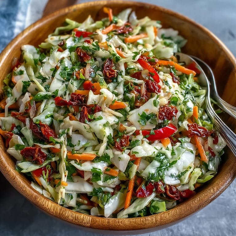 Crunchy cabbage salad with sun-dried tomatoes, fresh herbs, and vinaigrette, ready to serve as a side.