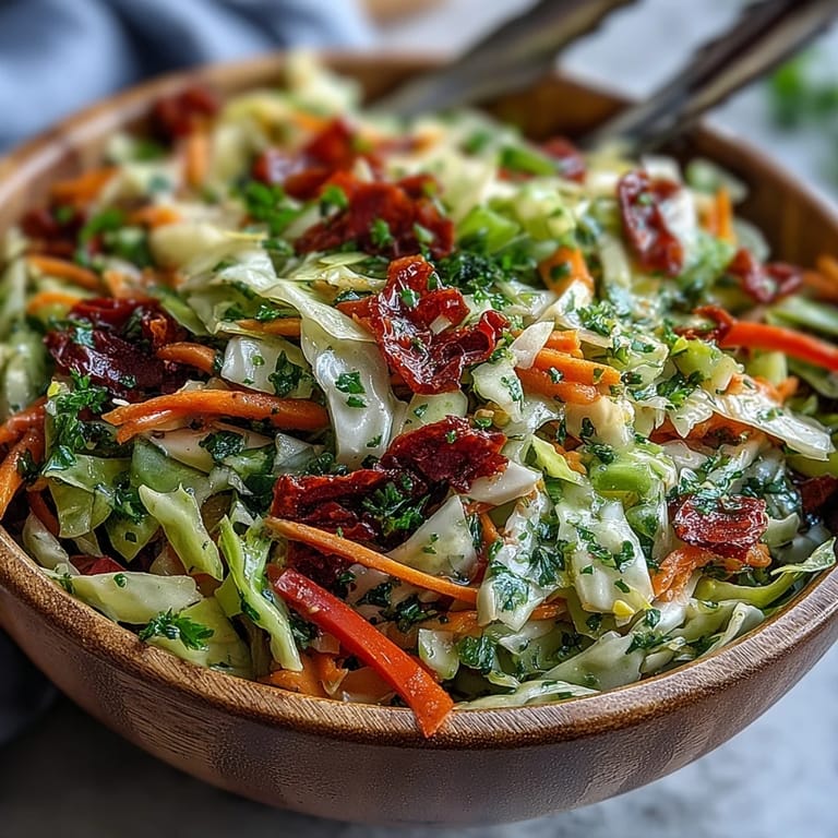 Colorful vegan cabbage salad featuring sun-dried tomatoes, julienned carrots, and green onions on a white plate.