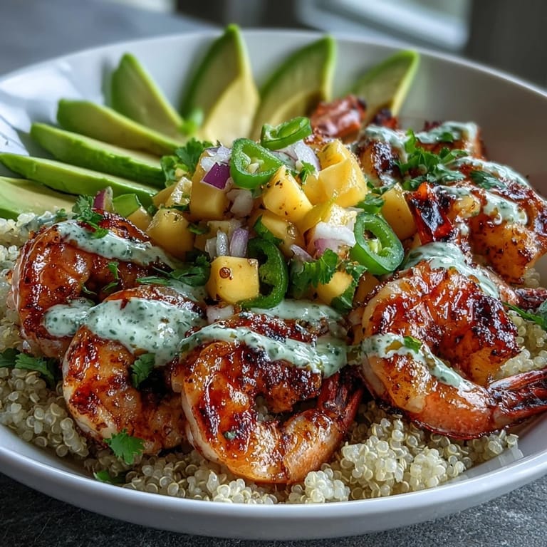 Healthy dinner bowl featuring seasoned grilled shrimp, nutty quinoa, ripe avocado, and fresh mango salsa with a lime chili sauce garnish.