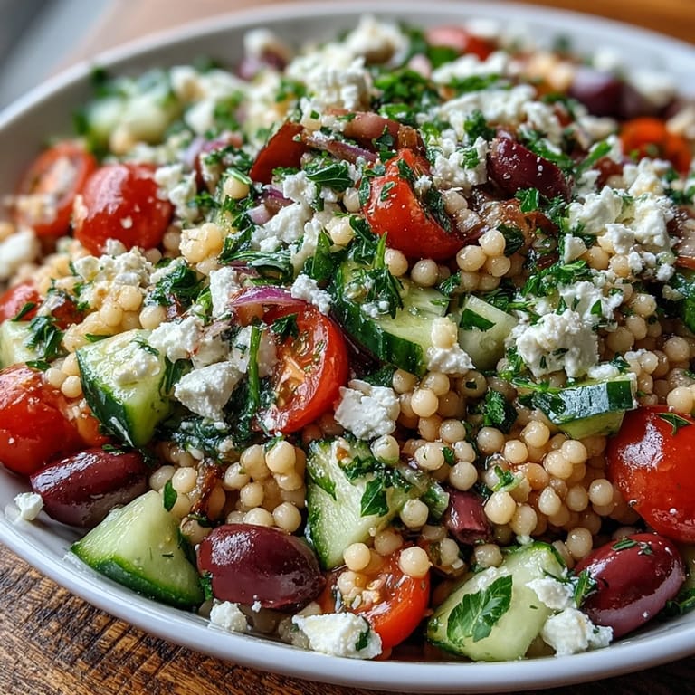 Vibrant bowl of Mediterranean Pearl Couscous featuring halved cherry tomatoes, kalamata olives, and red onion, ready to serve as a refreshing vegetarian lunch or side.