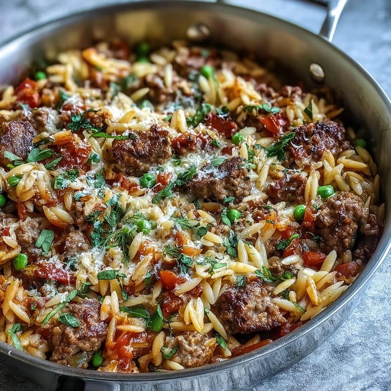 Savory ground beef orzo dinner served hot and cheesy, with colorful peppers and peas peeking from the bubbly skillet.