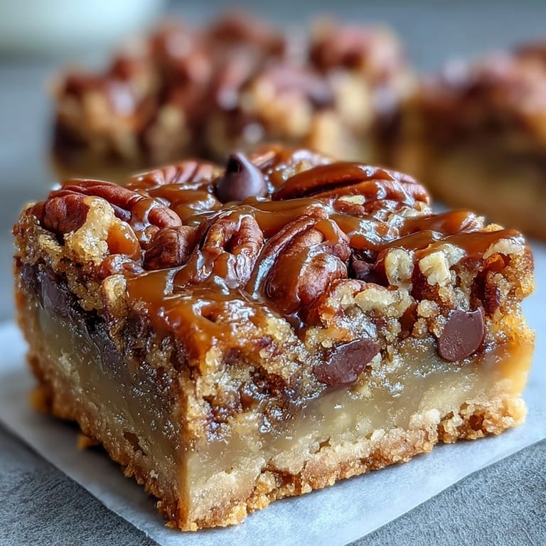 Golden-baked Decadent Sweet and Chewy Turtle Bars with Chocolate and Caramel feature gooey caramel and pecans on a rustic plate.