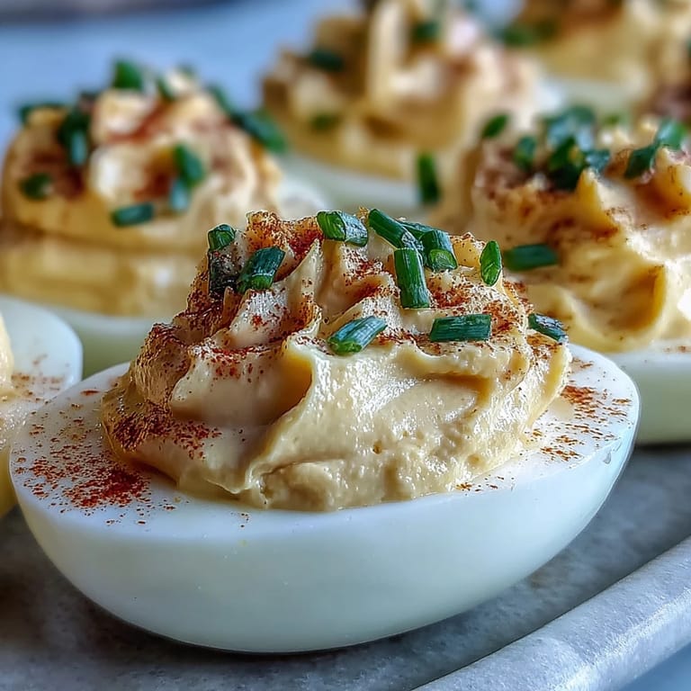 Million Dollar Deviled Eggs filled with creamy yolk mixture and garnished with fresh chives on a platter.