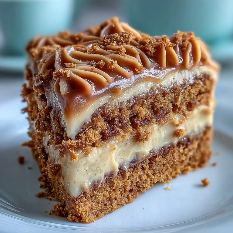 Decadent Baked Biscoff Cake with Creamy Lotus Frosting served with steaming coffee on a cozy table.