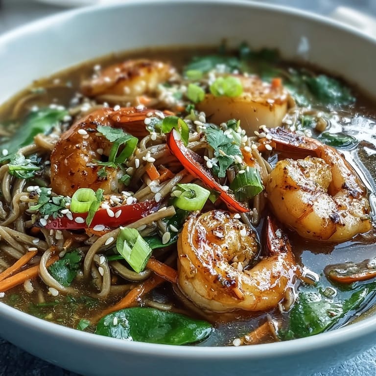 Top-down view of steaming Asian Noodle Bowl with Shrimp and Scallops, garnished with lime wedges and fresh cilantro.