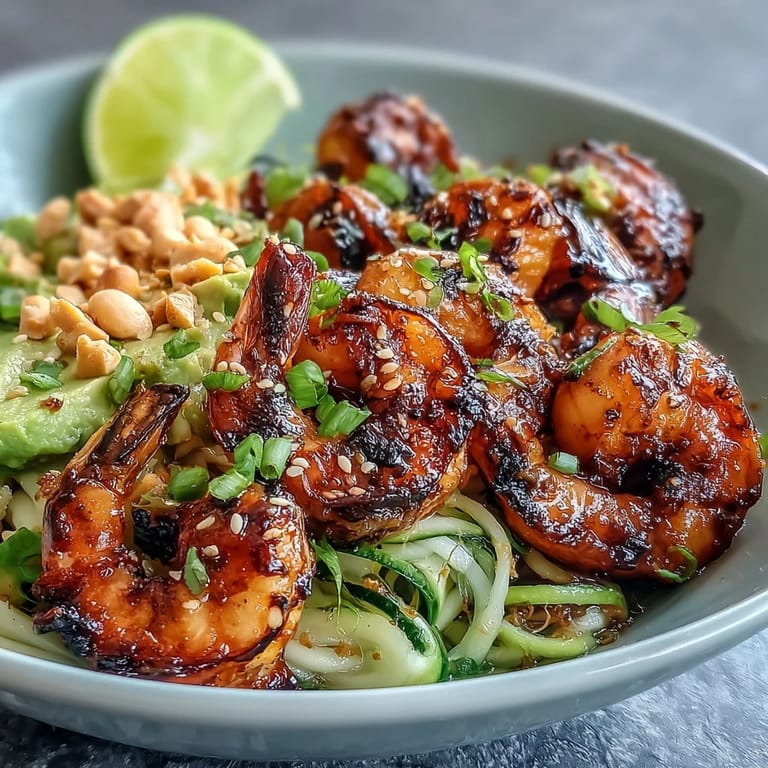 Fresh bean sprouts and chopped peanuts crown a colorful Grilled Shrimp Asian Noodle Bowl, ready for a quick weeknight meal.