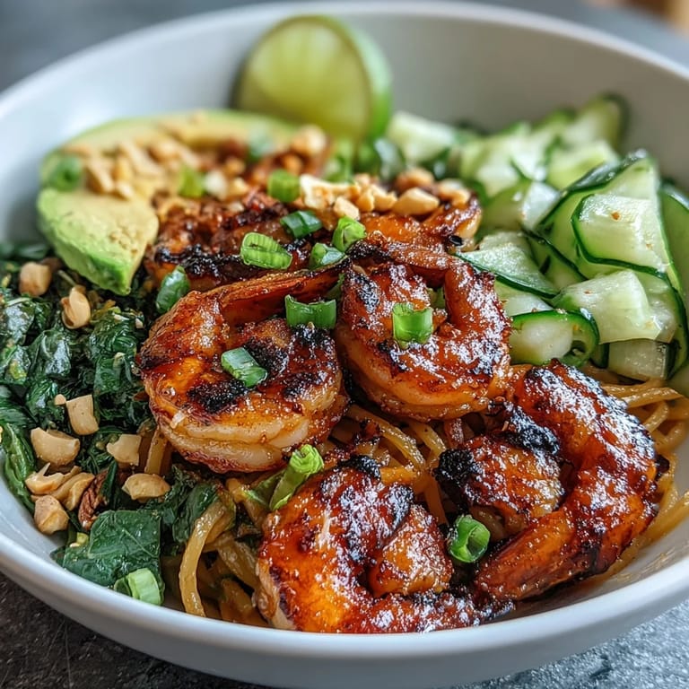 Juicy, charred shrimp top chilled egg noodles tossed with scallions and cilantro, served with lime for a bright, savory finish.