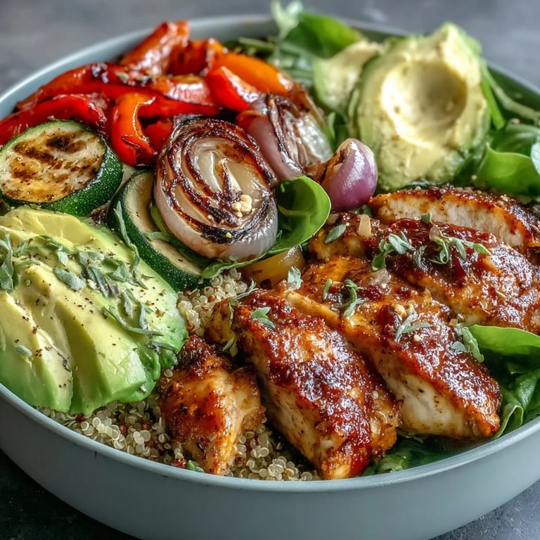 Paprika Roasted Vegetable Quinoa Bowl with caramelized vegetables, lemon salad greens, and golden pan-fried chicken on a marble table.