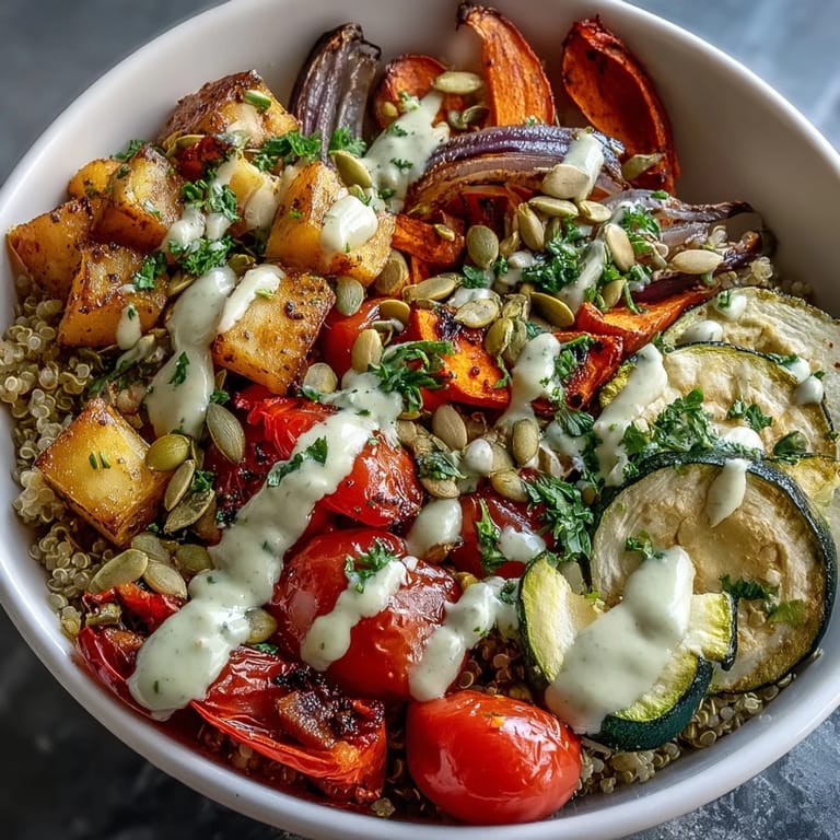 Colorful Mediterranean-inspired Roasted Vegetable Quinoa Bowl with tahini drizzle served warm for a wholesome vegan dinner.
