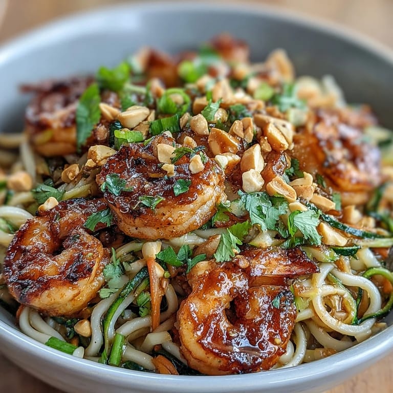 Ready in 30 minutes, this vibrant Asian Noodle Bowl features succulent shrimp, crunchy carrots, and fresh herbs, served with lime wedges for squeezing.