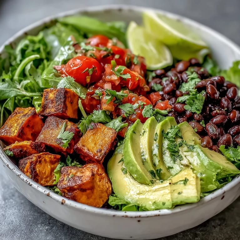 A vibrant Sweet Potato and Black Bean Bowl with roasted orange cubes, warm black beans, and a drizzle of zesty lime dressing.