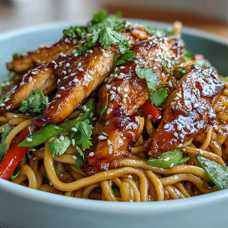 Sesame Chicken Noodle Bowl garnished with toasted sesame seeds, cilantro, and lime wedges for a bright finish.