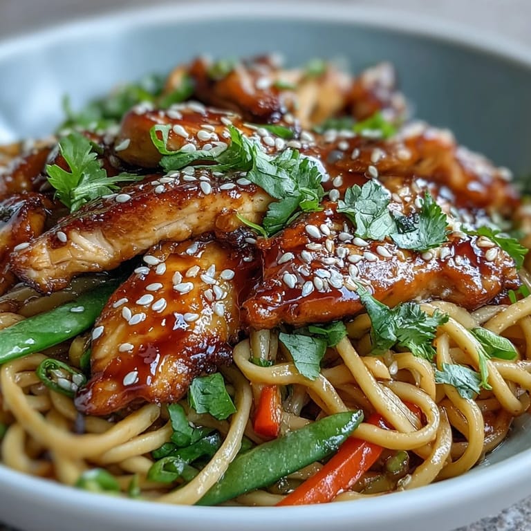 Steaming Sesame Chicken Noodle Bowl featuring julienned carrots, bell pepper, and snap peas in a sweet-savory sauce.
