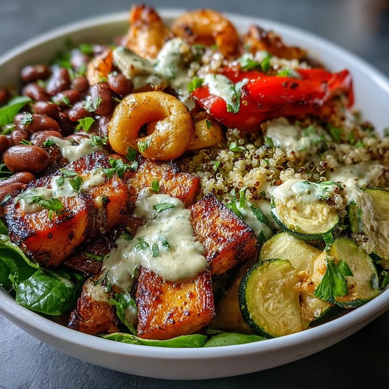 Served in a rustic ceramic bowl, this plant-based Black-Eyed Pea Buddha Bowl offers a colorful mix of grains, greens, and savory spices.