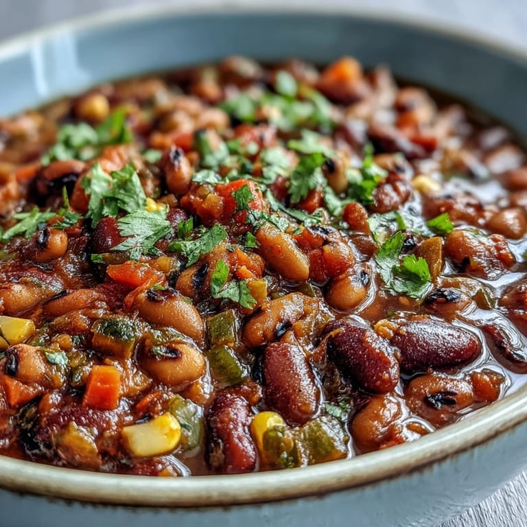 A ladle pours hearty Black-Eyed Pea Chili over shredded cheese and jalapeños. 