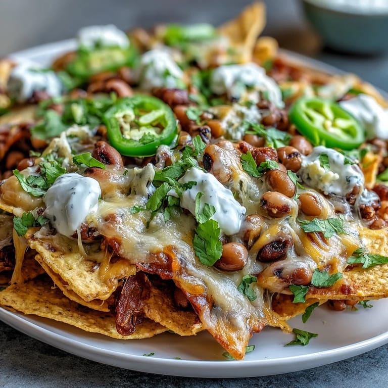 Close-up of Black-Eyed Pea Nachos with gooey cheese, sour cream dollops, lime wedges, and spring onions garnish.