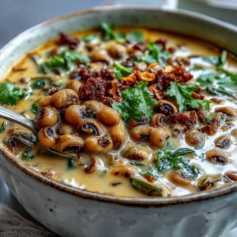 Aromatic Indian-inspired Black-Eyed Pea Curry is garnished with fresh cilantro and a lime wedge for a bright finish.