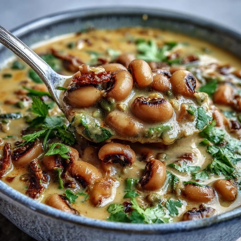 Vegan Black-Eyed Pea Curry in a rustic bowl with a warm naan bread ready for dipping.