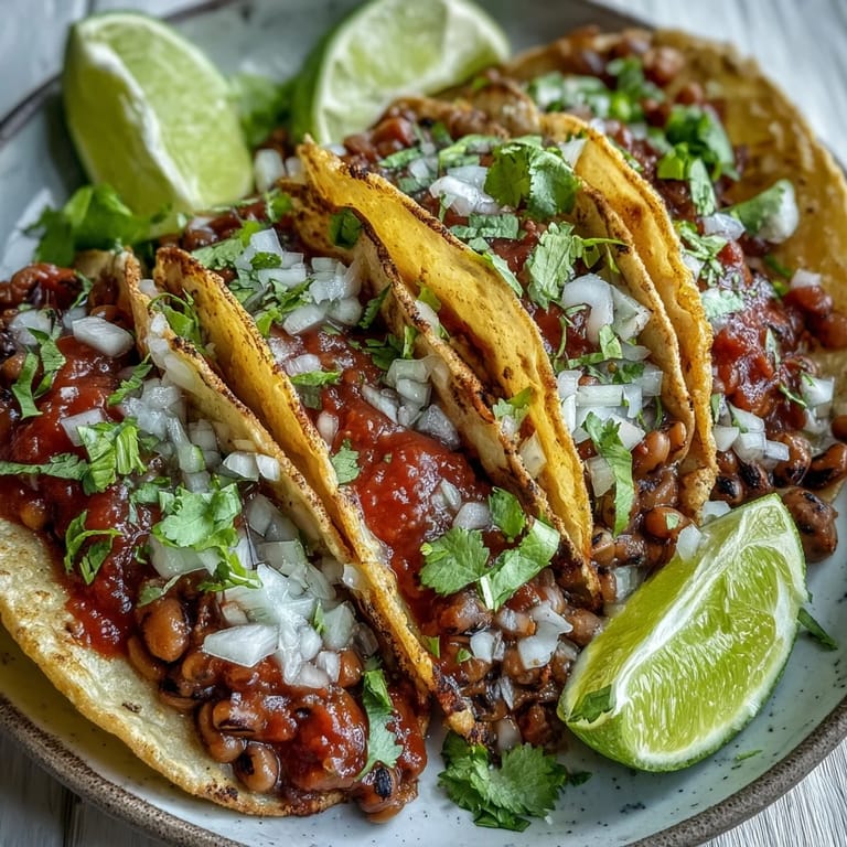Golden soft corn tortillas cradle hearty black-eyed pea mash, garnished with fresh cilantro and white onion for crunch. This Black-Eyed Pea Tacos recipe is served with lime wedges and red salsa on a rustic wooden table.