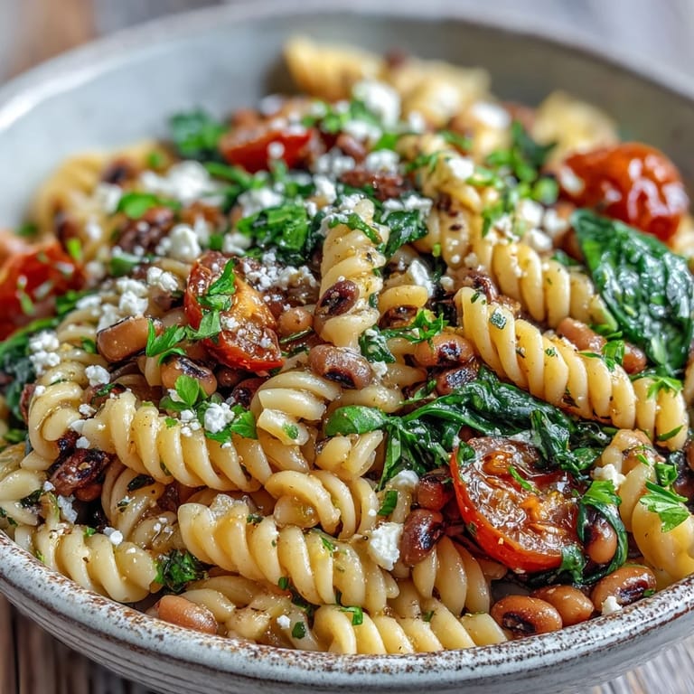 Close-up of Black-Eyed Pea Pasta featuring al dente fusilli, tender legumes, and wilted spinach in a glistening olive oil sauce.