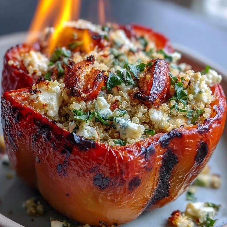 Vibrant stuffed bell peppers filled with quinoa, zucchini, and aromatic herbs, baked until golden and bubbling with Mediterranean flavor.