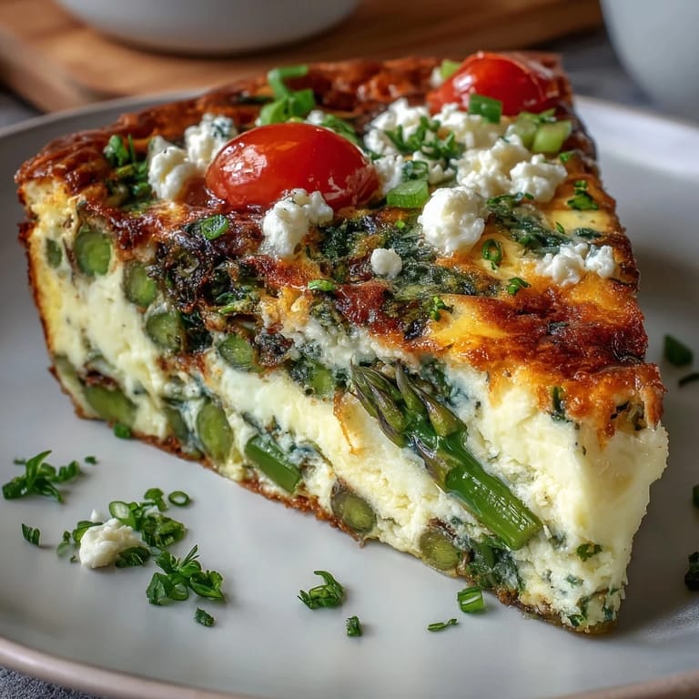 A golden-brown Spring Veggie Frittata with Asparagus and Goat Cheese, loaded with fresh asparagus, zucchini, and herbs for a healthy, satisfying meal.