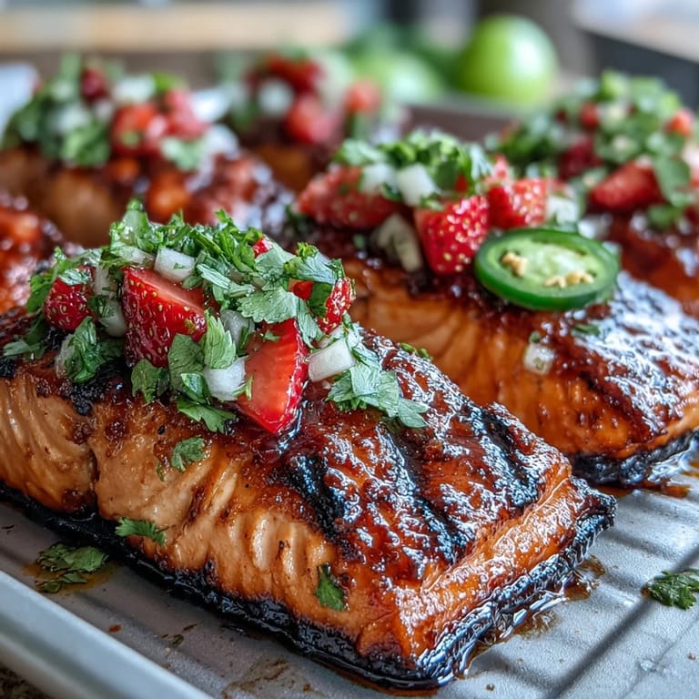 Juicy grilled salmon served with zesty strawberry salsa, jalapeño, and red onion for a refreshing and healthy main dish.