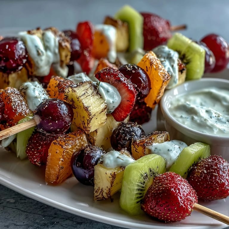 Kid-friendly bento box with vibrant fruit skewers, a sweet yogurt dip, and savory sides, perfect for a fun and balanced lunch.