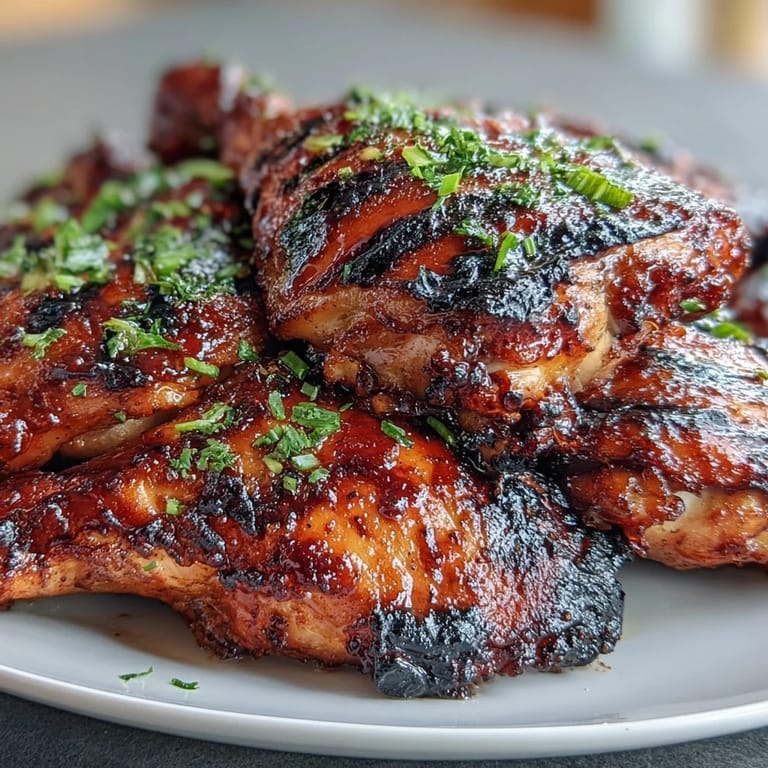 Sweet and savory honey garlic chicken thighs, charred on the grill and bursting with flavor, served hot off the barbecue.