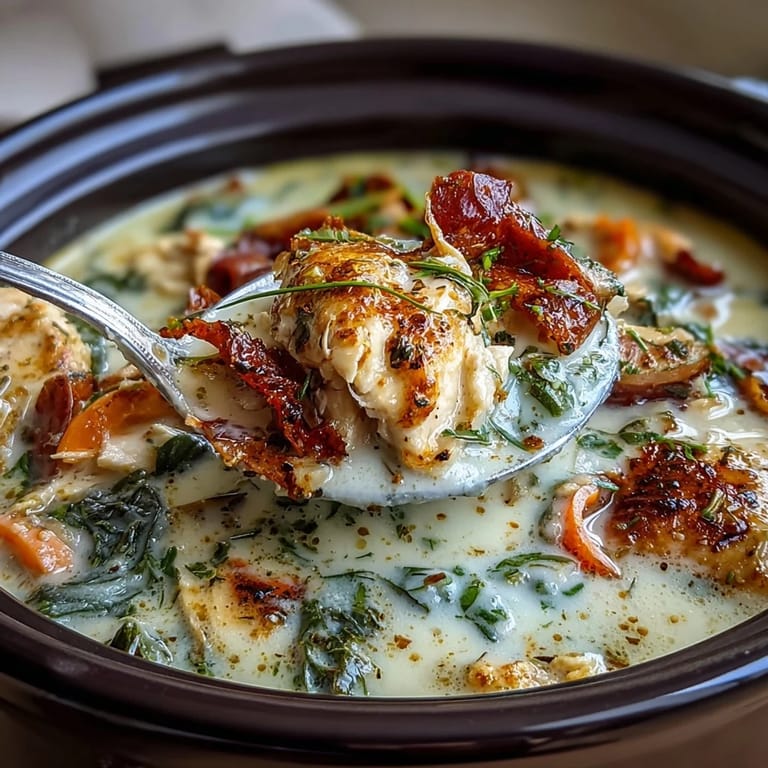 Creamy Slow Cooker Chicken Pot Pie Soup loaded with potatoes, carrots, and peas for ultimate comfort.