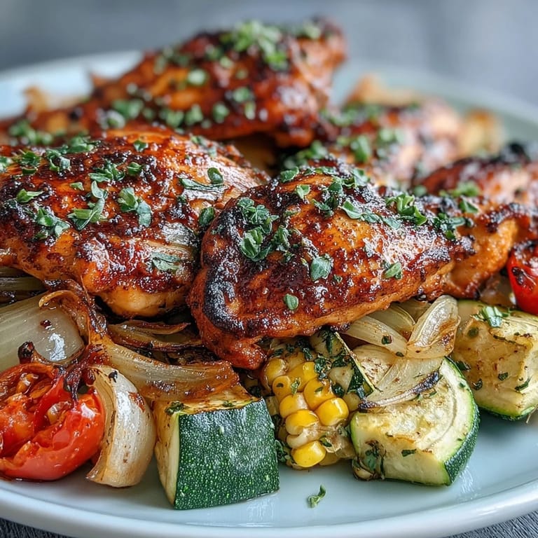 Golden chicken breasts and roasted veggies, including sweet corn and zucchini, served hot from a simple sheet pan meal.