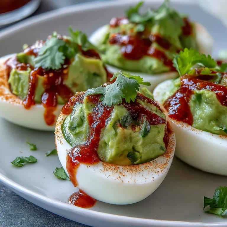Fluffy egg whites filled with smooth avocado-lime mash, finished with a fiery Sriracha drizzle and fresh herb garnish.